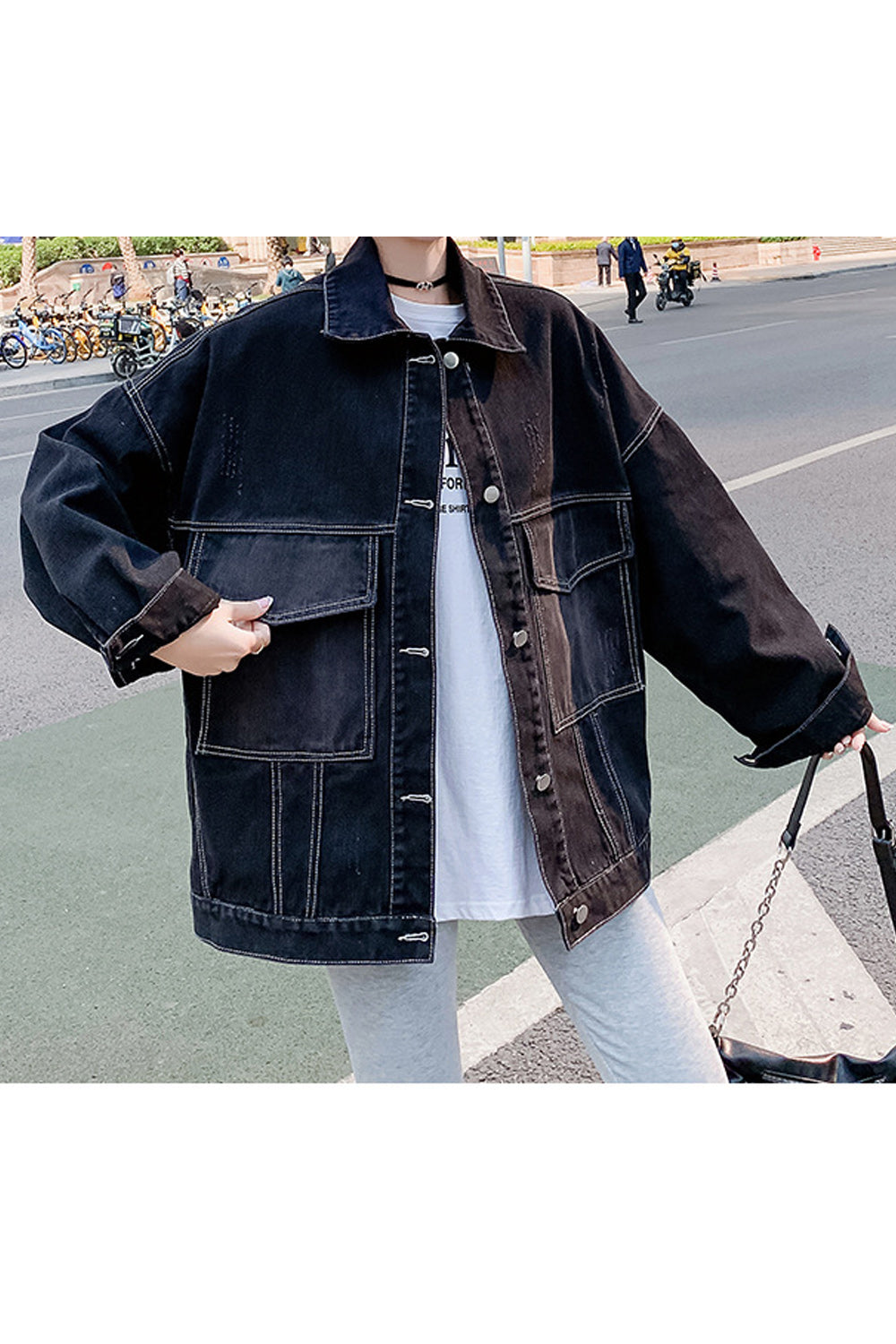 Women Flap Pocket Collar Neck Long Sleeve Mid Length Warm Winter Outing Denim Jacket
