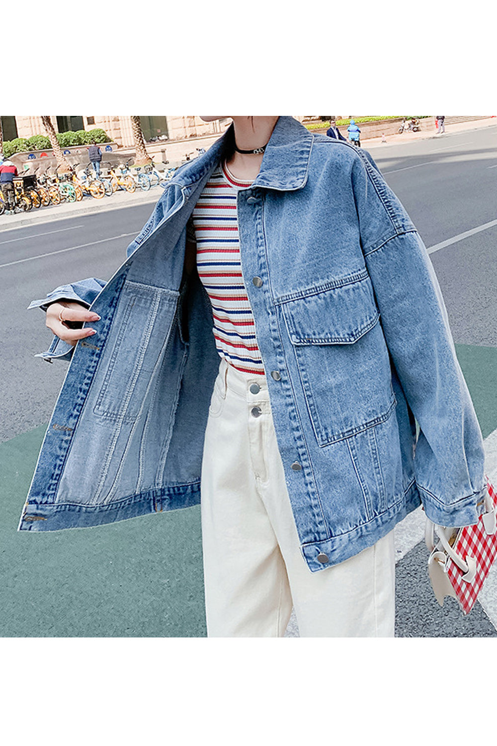 Women Flap Pocket Collar Neck Long Sleeve Mid Length Warm Winter Outing Denim Jacket