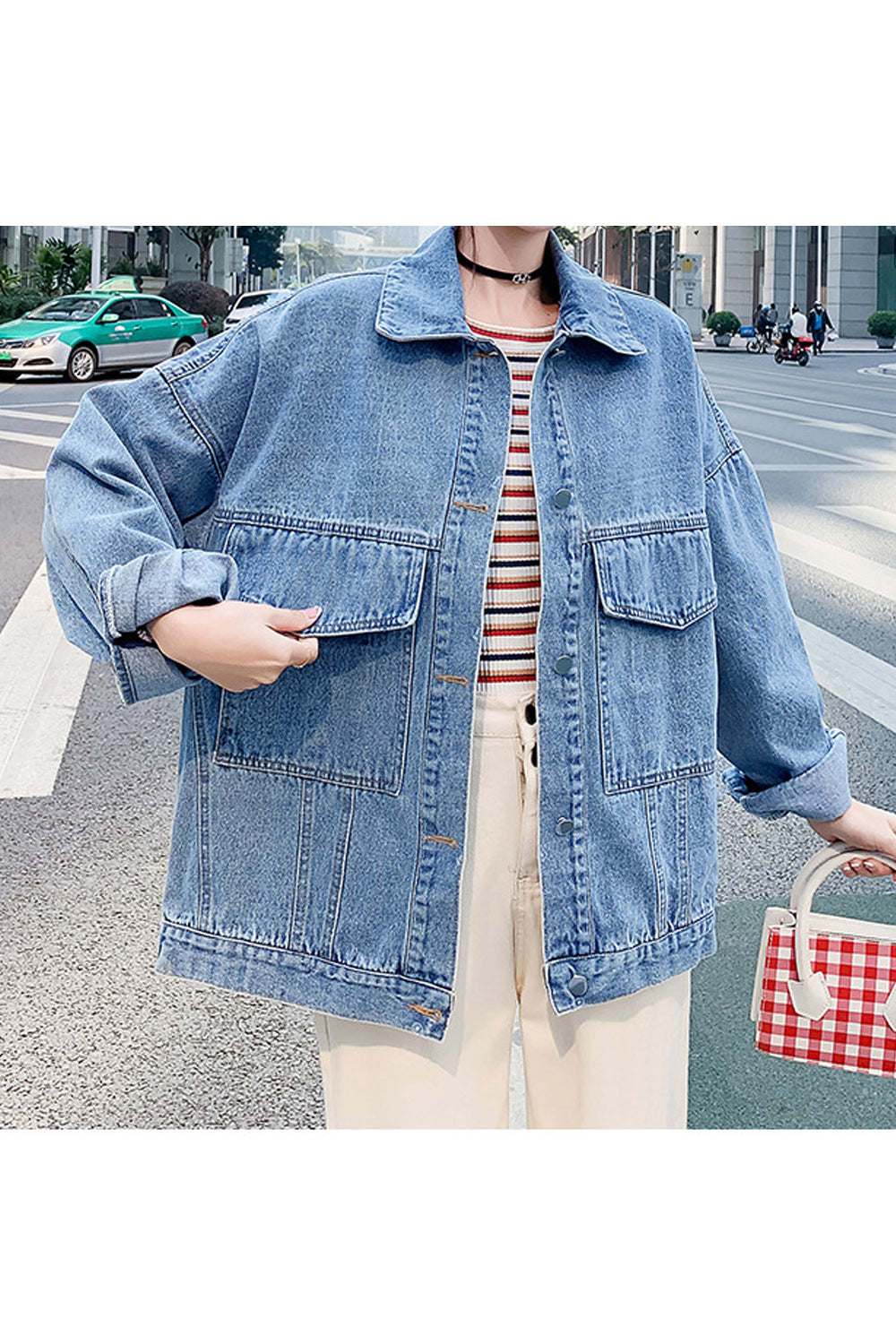 Women Flap Pocket Collar Neck Long Sleeve Mid Length Warm Winter Outing Denim Jacket
