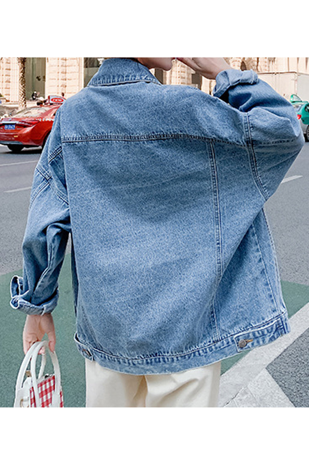 Women Flap Pocket Collar Neck Long Sleeve Mid Length Warm Winter Outing Denim Jacket