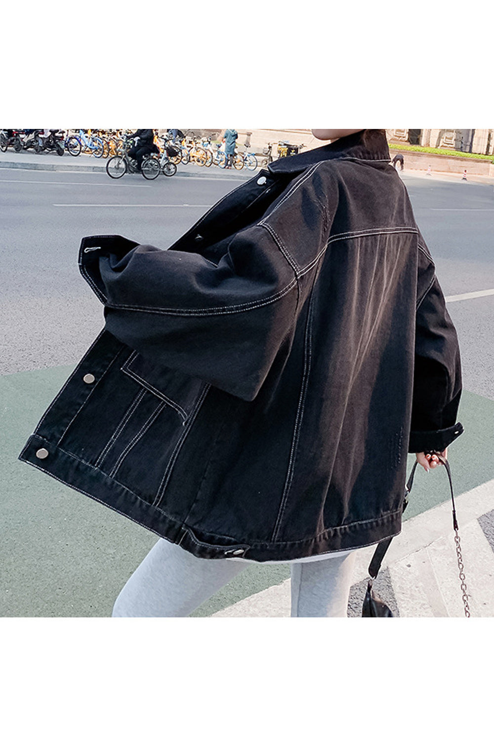Women Flap Pocket Collar Neck Long Sleeve Mid Length Warm Winter Outing Denim Jacket