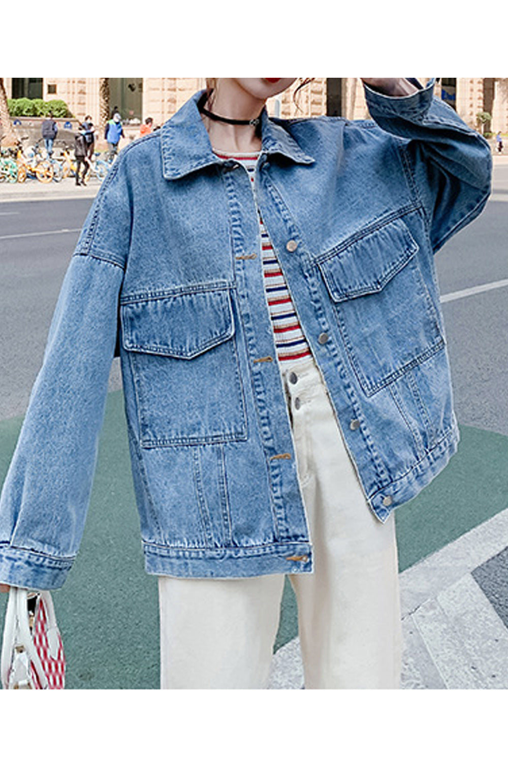 Women Flap Pocket Collar Neck Long Sleeve Mid Length Warm Winter Outing Denim Jacket