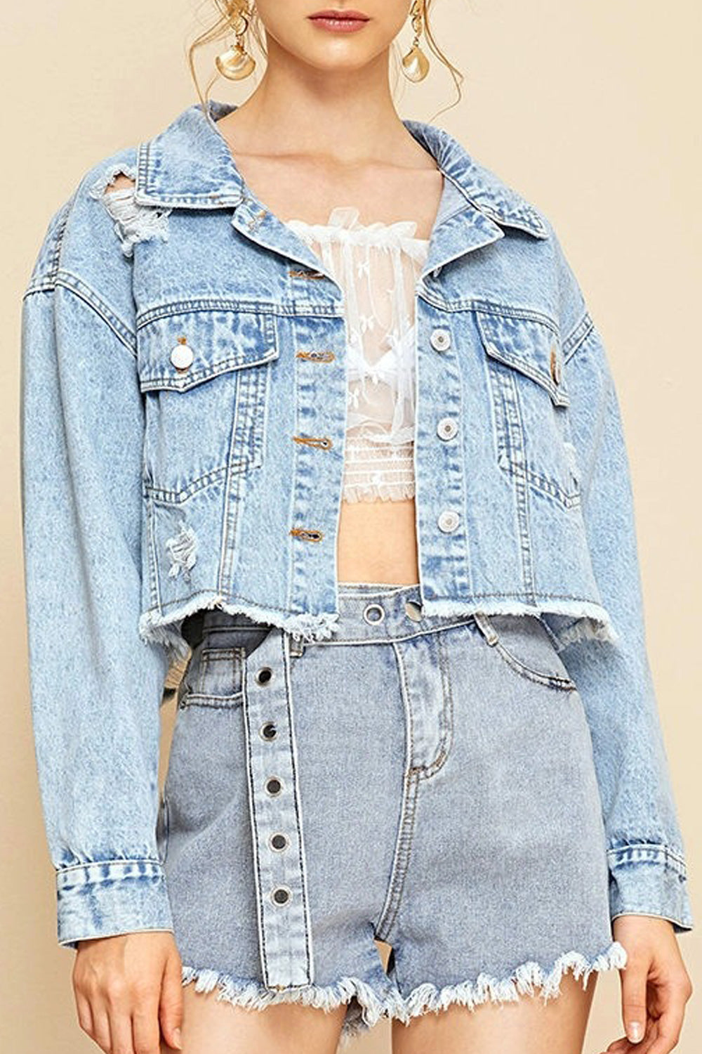 Women Ripper Hem Long Sleeve Winter Warm Casual Outstanding Denim Jacket