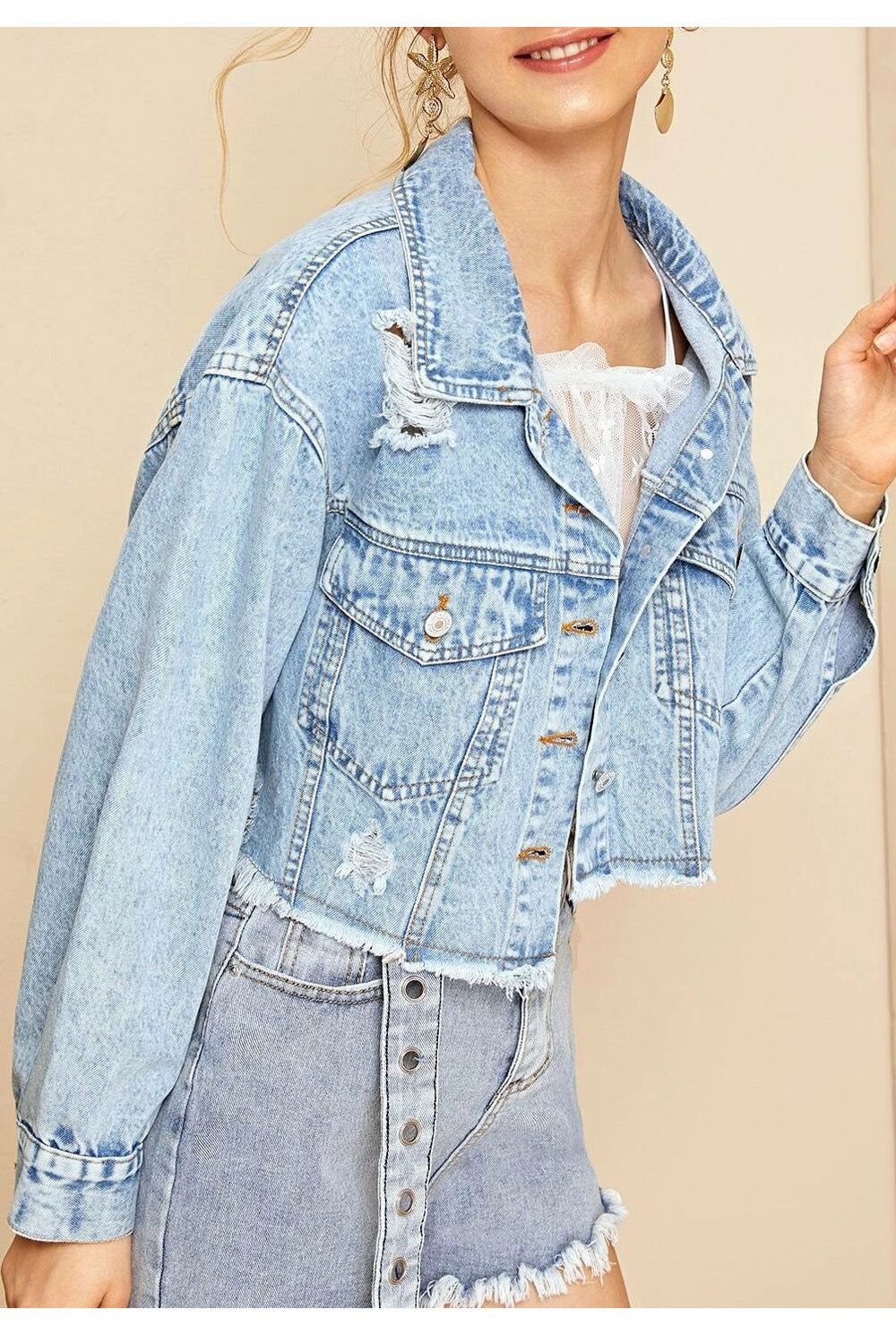 Women Ripper Hem Long Sleeve Winter Warm Casual Outstanding Denim Jacket