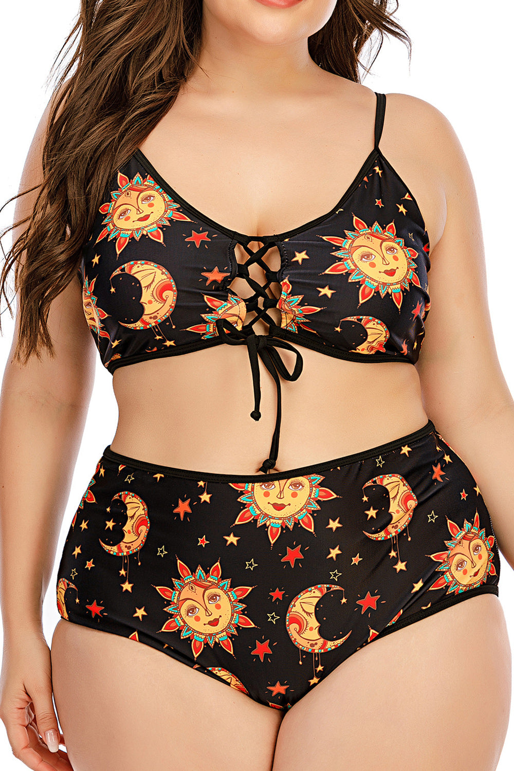 Women Two Piece Elegant Printed Style Round Neck Elastic Waistband Swimwear