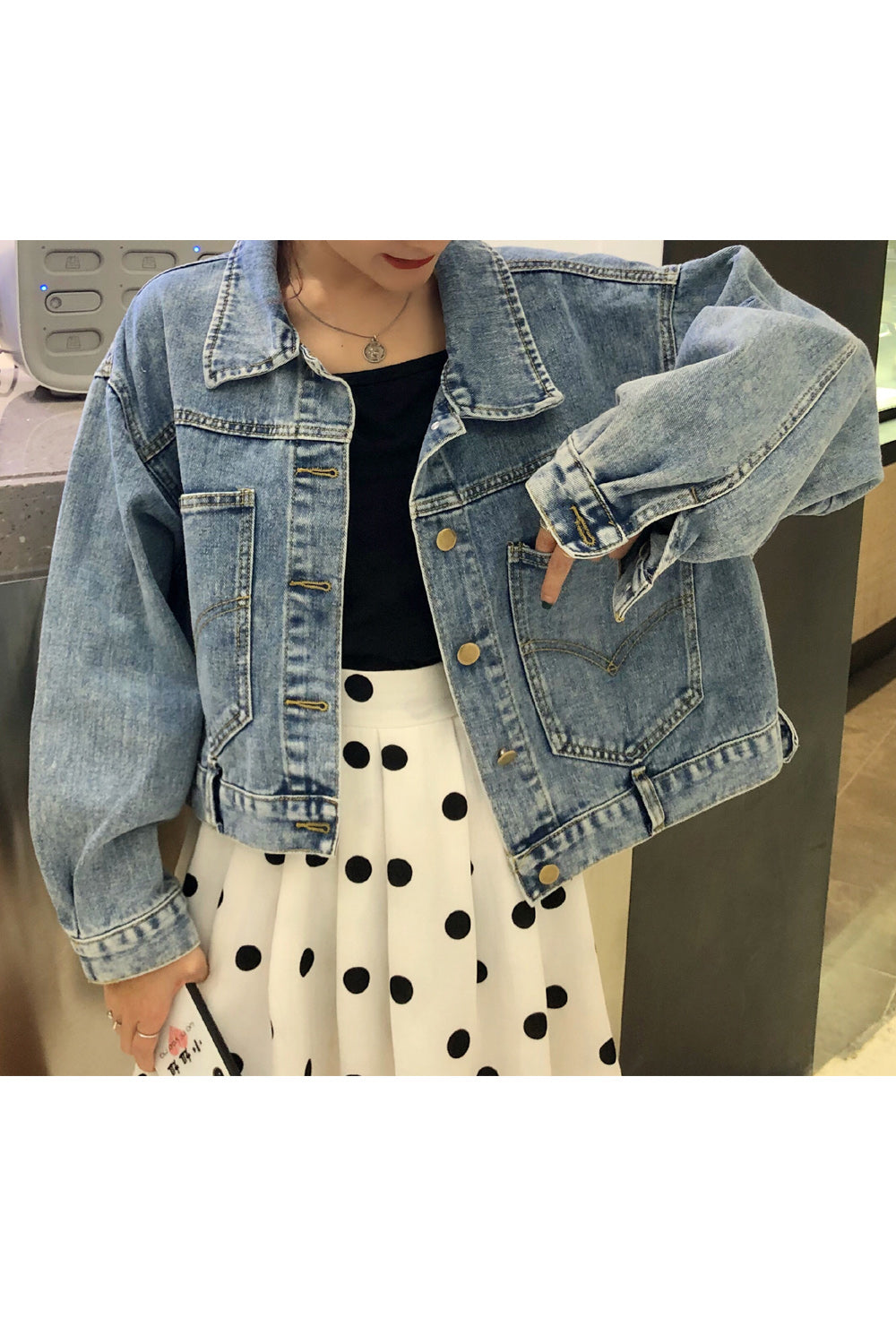 Women Collar Neck Loose Long Sleeve Button Closure Casual Winter Denim Jacket