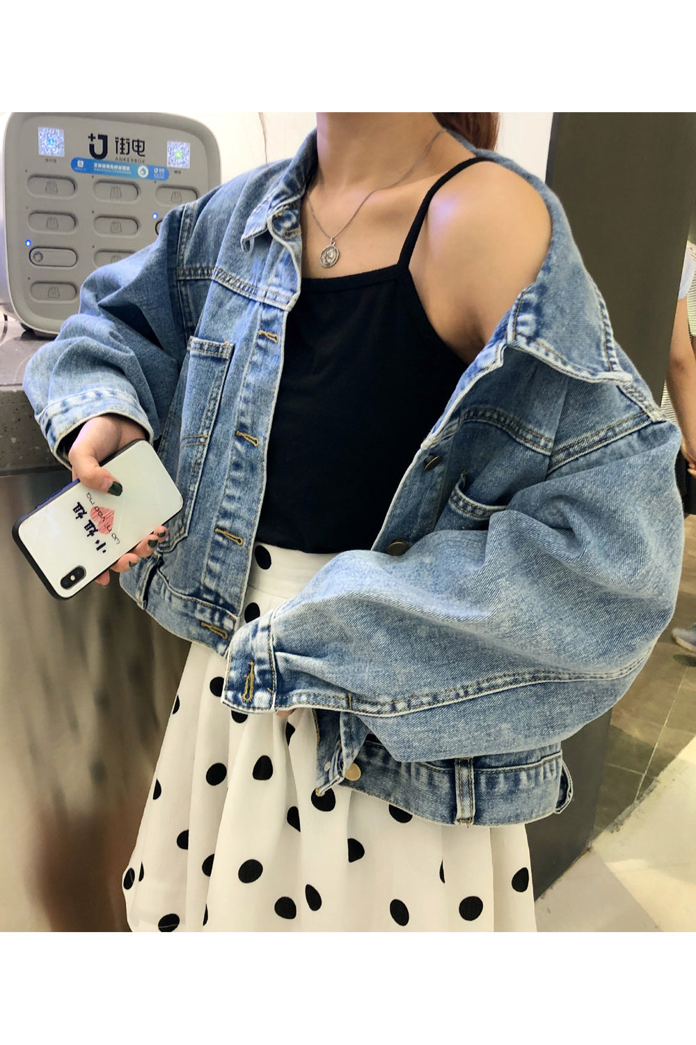 Women Collar Neck Loose Long Sleeve Button Closure Casual Winter Denim Jacket