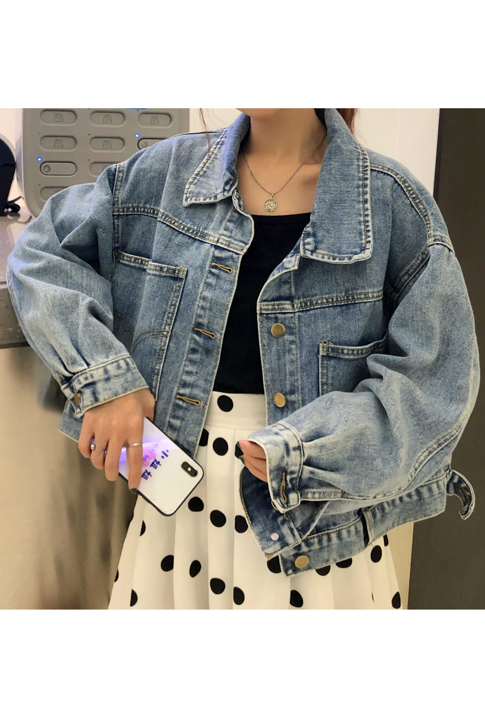 Women Collar Neck Loose Long Sleeve Button Closure Casual Winter Denim Jacket