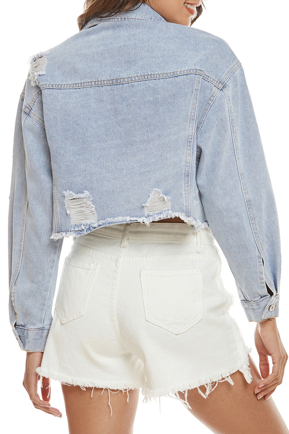 Women Fabulous Solid Colored Ripped Style Casual Long Sleeve Fantastic Denim Jacket