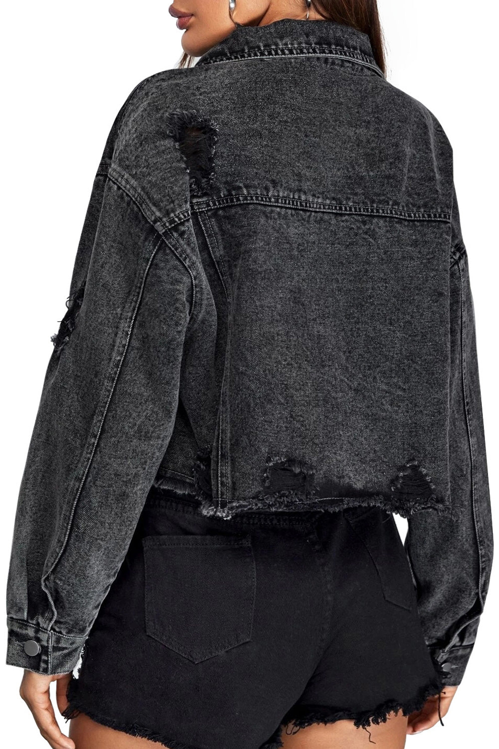 Women Fabulous Solid Colored Ripped Style Casual Long Sleeve Fantastic Denim Jacket