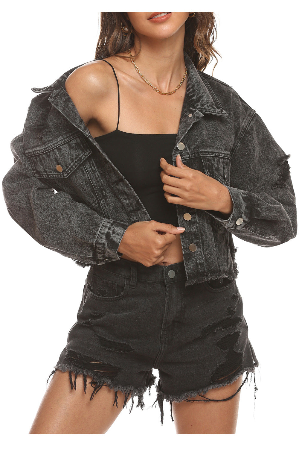 Women Fabulous Solid Colored Ripped Style Casual Long Sleeve Fantastic Denim Jacket