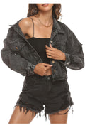 Women Fabulous Solid Colored Ripped Style Casual Long Sleeve Fantastic Denim Jacket