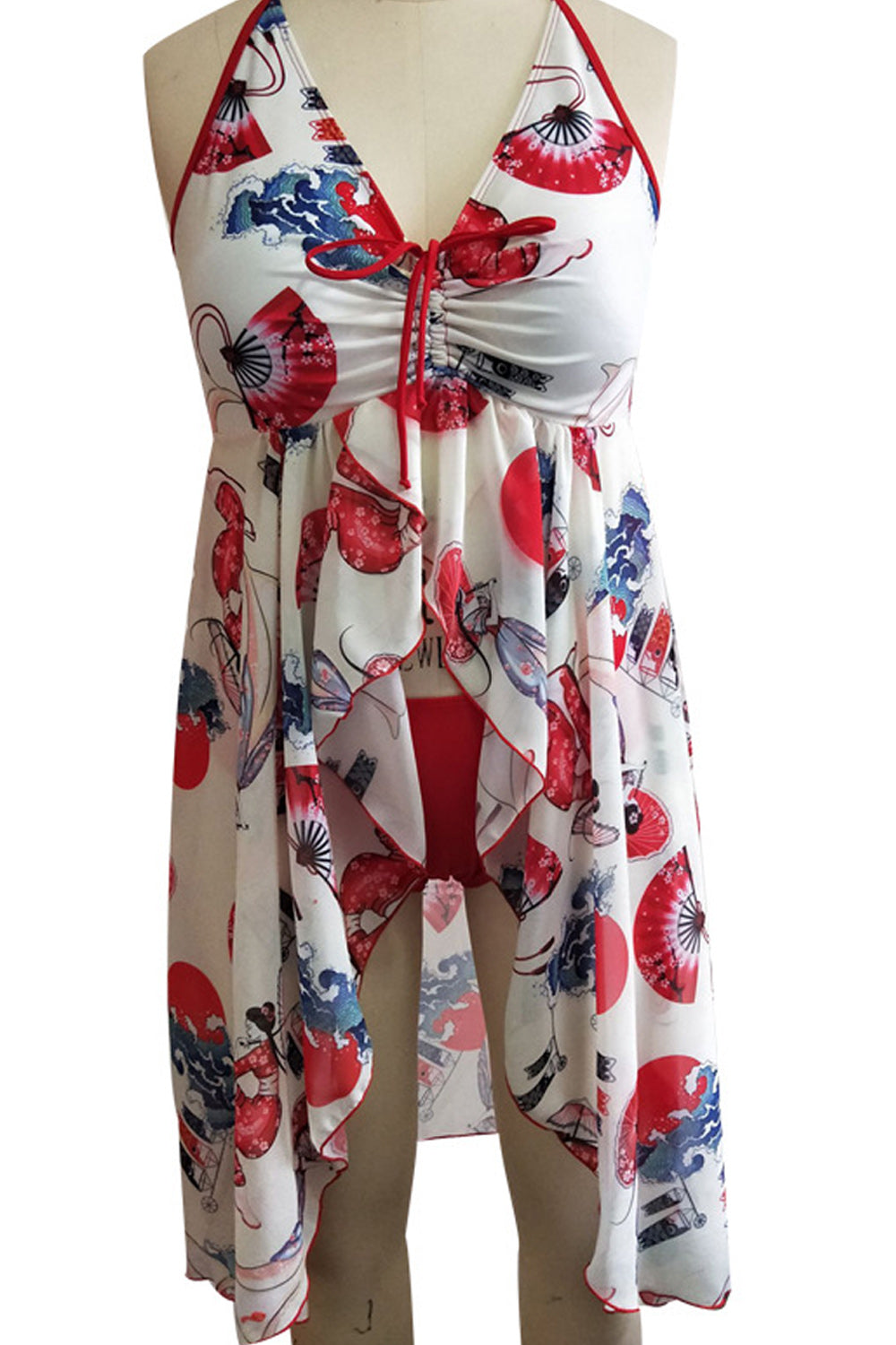 Women Deep V-Neck Printed Style Irregular Hem Breathable Thin Swimwear