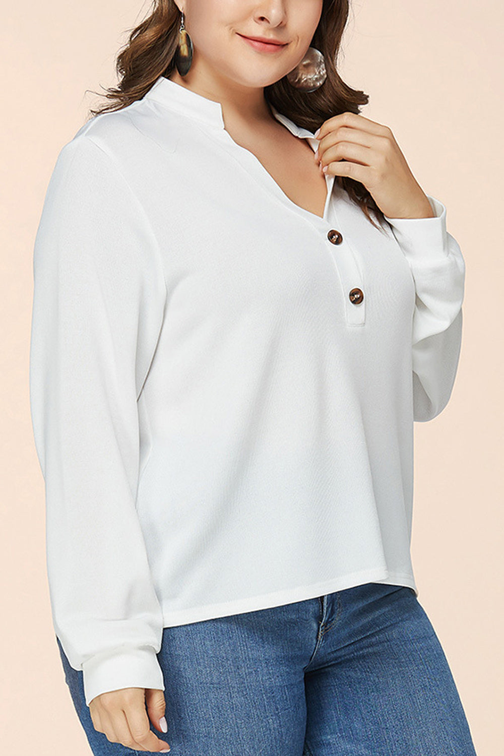 Women Plus V-Neck Button Attached Long Sleeve Stylish Shirt