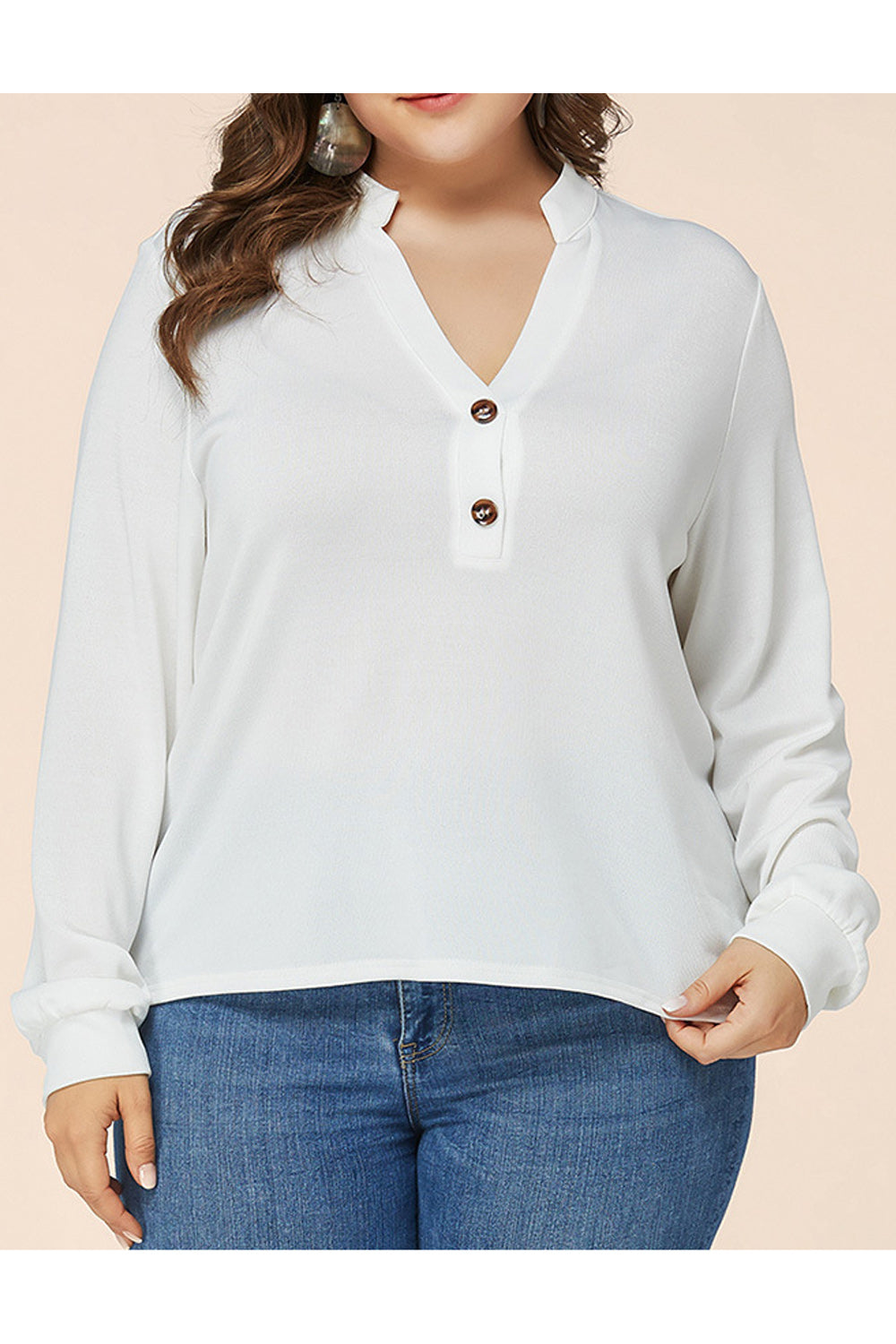 Women Plus V-Neck Button Attached Long Sleeve Stylish Shirt