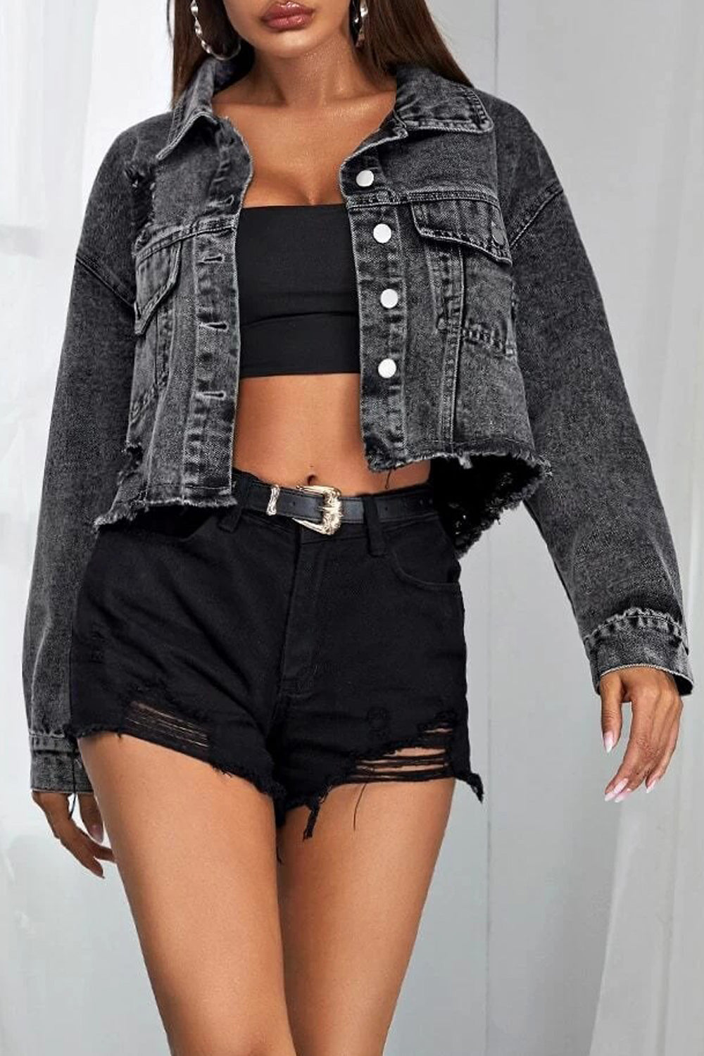 Women Tremendous Solid Colored Button Closure Warm Long Sleeve Ripped Style Modern Denim Jacket