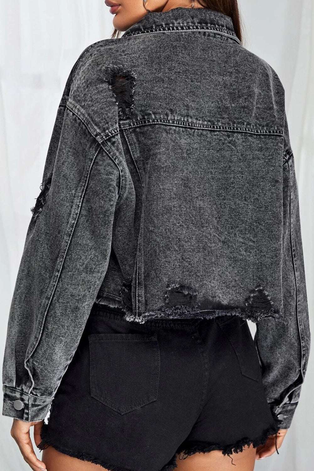 Women Tremendous Solid Colored Button Closure Warm Long Sleeve Ripped Style Modern Denim Jacket