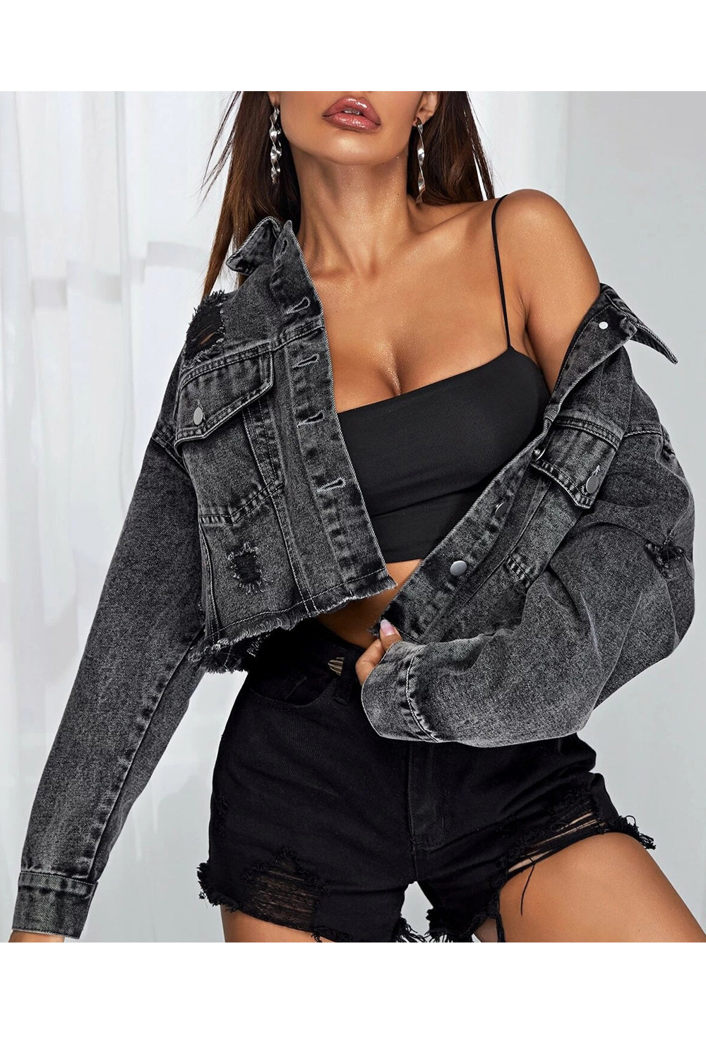 Women Tremendous Solid Colored Button Closure Warm Long Sleeve Ripped Style Modern Denim Jacket