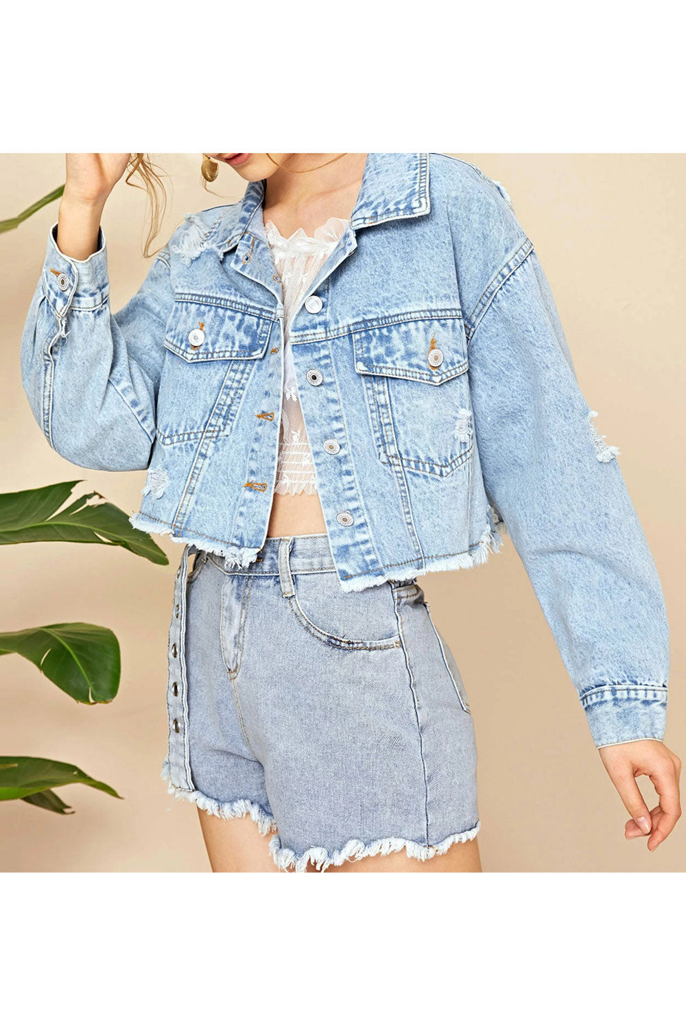 Women Tremendous Solid Colored Button Closure Warm Long Sleeve Ripped Style Modern Denim Jacket