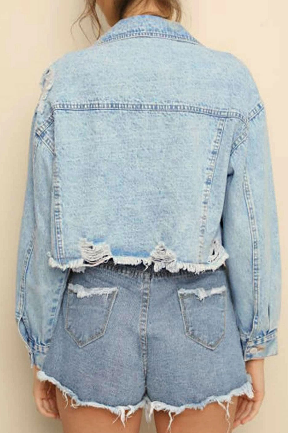Women Tremendous Solid Colored Button Closure Warm Long Sleeve Ripped Style Modern Denim Jacket