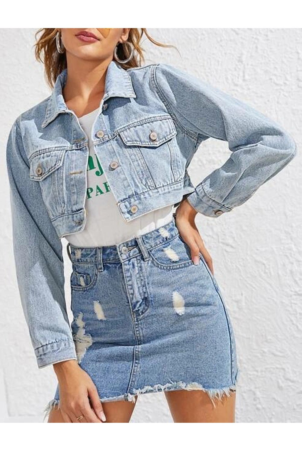 Women Ventilated Long Sleeve Pocket Styling Denim Jacket