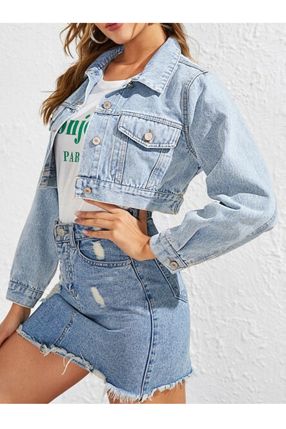 Women Ventilated Long Sleeve Pocket Styling Denim Jacket