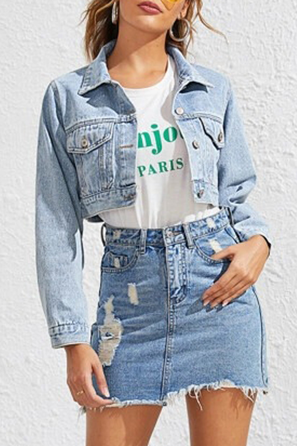 Women Ventilated Long Sleeve Pocket Styling Denim Jacket