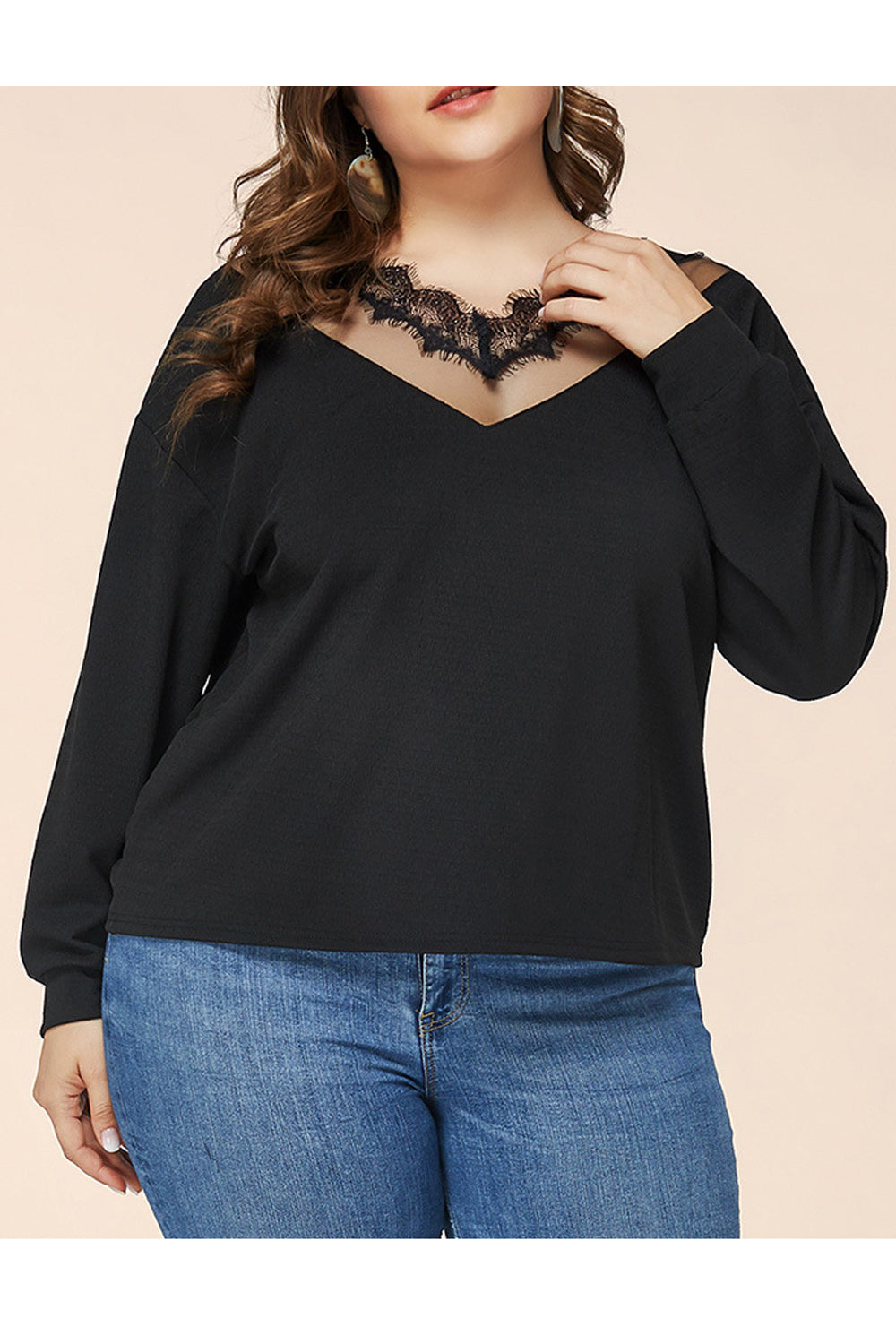 Women Plus See Through Neck Long Sleeve Casual Shirt