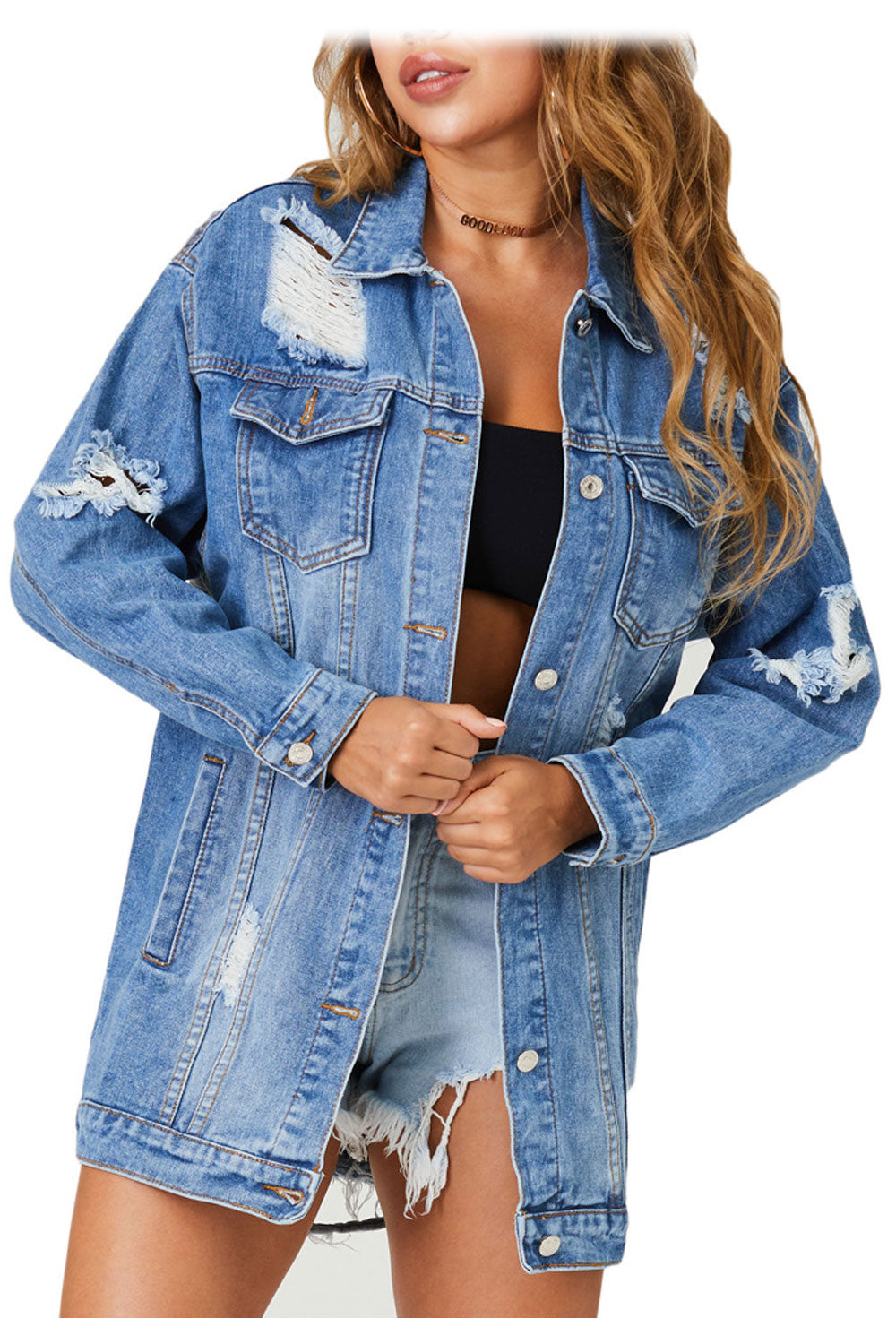 Women Mid Length Ripped Style Fashionable Long Sleeve Button Down Denim Jacket