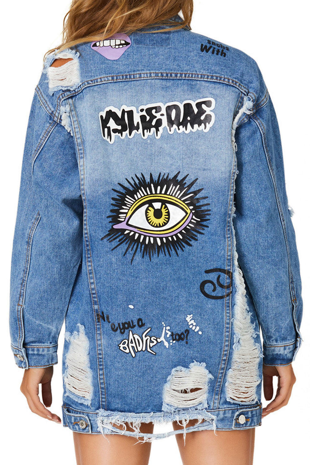 Women Mid Length Ripped Style Fashionable Long Sleeve Button Down Denim Jacket