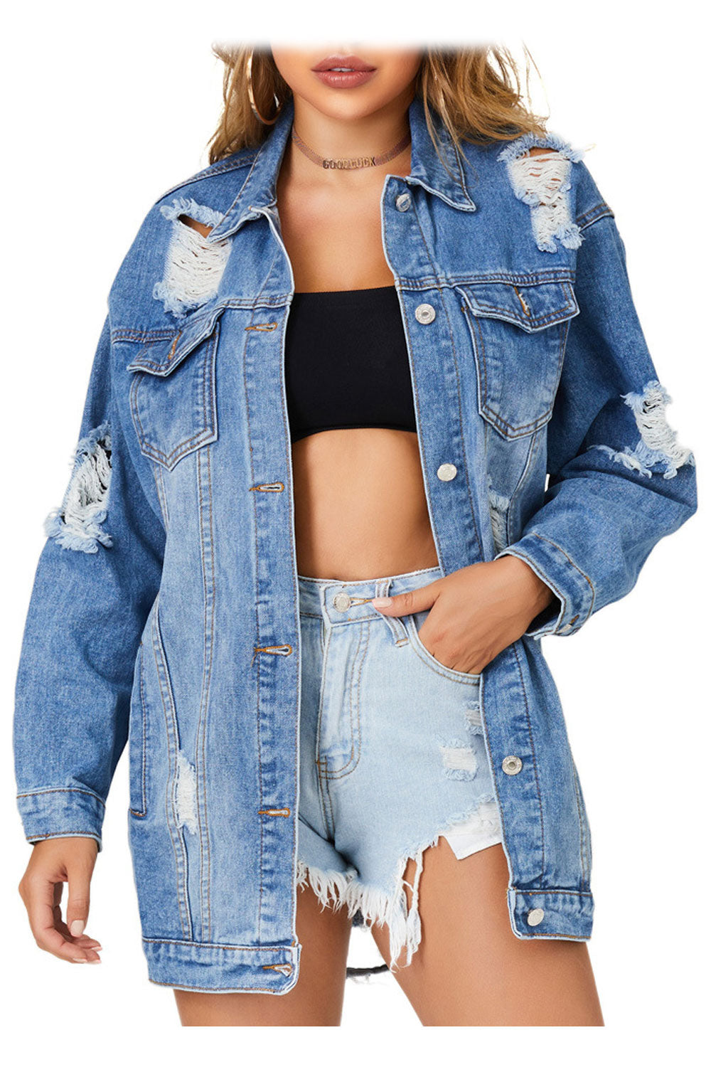 Women Mid Length Ripped Style Fashionable Long Sleeve Button Down Denim Jacket