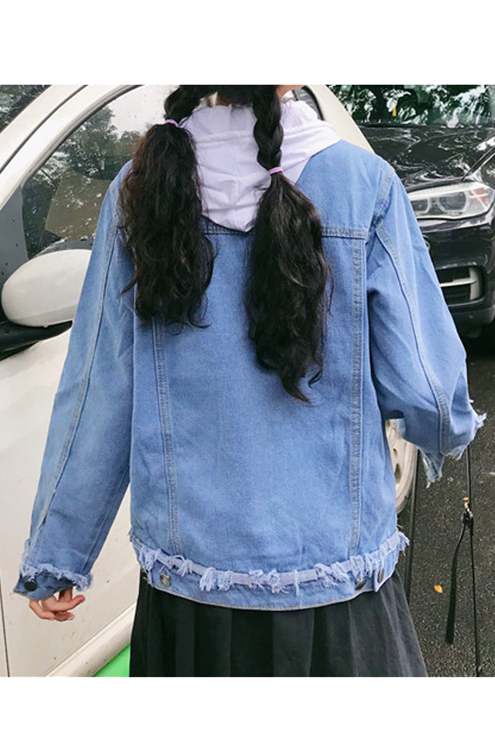 Women Frayed Style Decent Solid Pattern Double Front Pockets Long Sleeve Windproof Denim Jacket