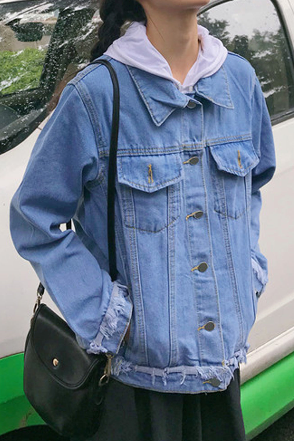 Women Frayed Style Decent Solid Pattern Double Front Pockets Long Sleeve Windproof Denim Jacket