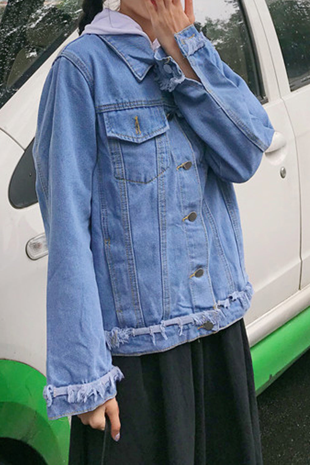Women Frayed Style Decent Solid Pattern Double Front Pockets Long Sleeve Windproof Denim Jacket