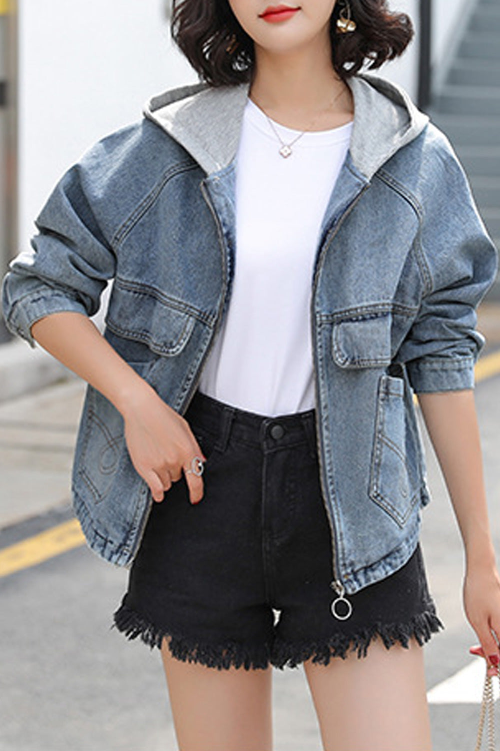 Women Hooded Neck Warm Long Sleeve Splendid Relaxing Winter Zipper Denim Jacket