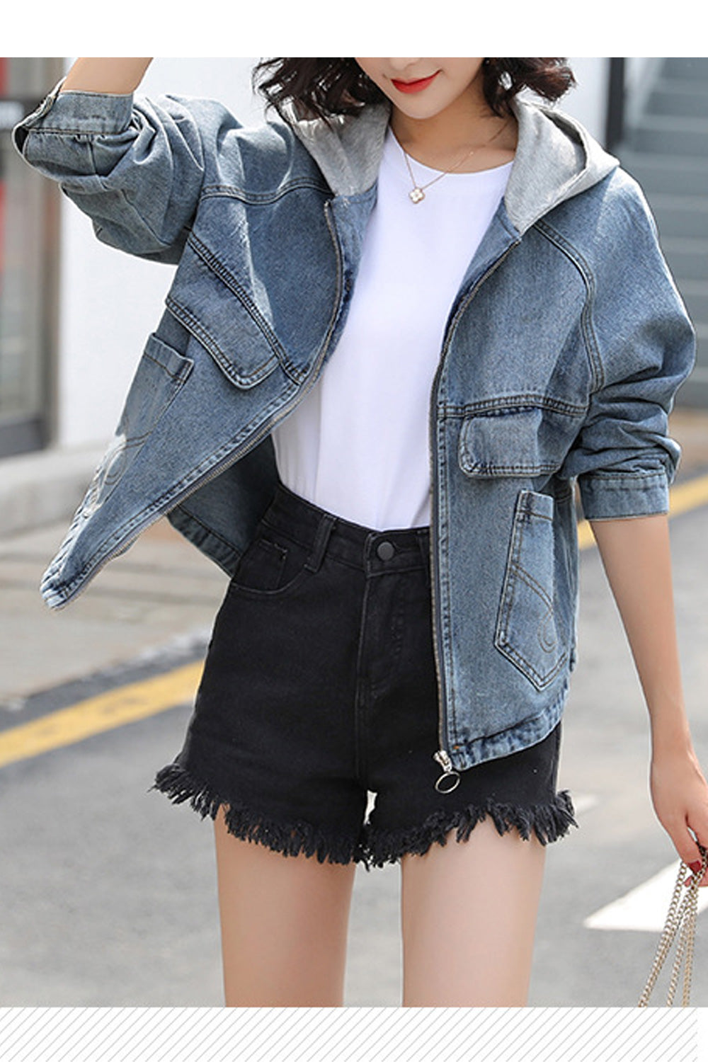 Women Hooded Neck Warm Long Sleeve Splendid Relaxing Winter Zipper Denim Jacket