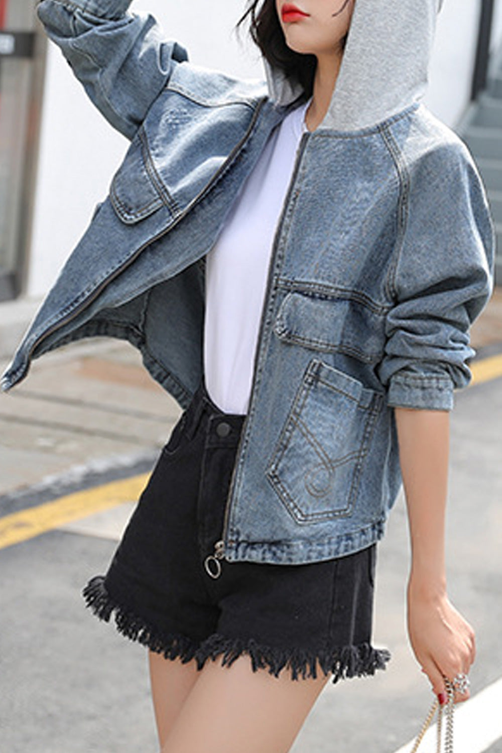 Women Hooded Neck Warm Long Sleeve Splendid Relaxing Winter Zipper Denim Jacket