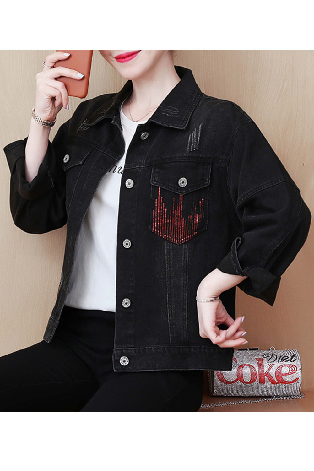 Women Awesome Printed Style Fabulous Ventilated Casual Winter Warm Long Sleeve Denim Jacket