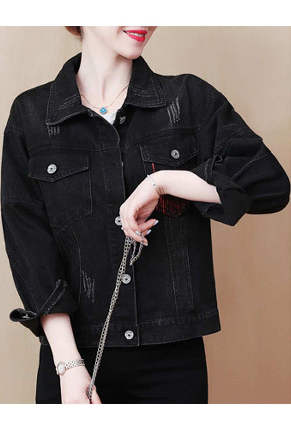 Women Awesome Printed Style Fabulous Ventilated Casual Winter Warm Long Sleeve Denim Jacket