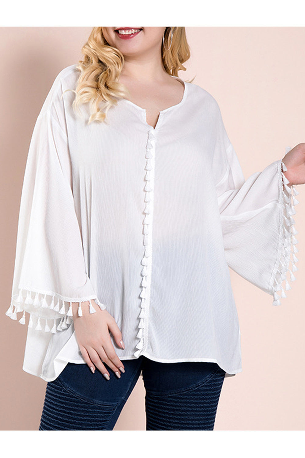 Women Notch Neck Tassel Decorated Solid Color Fashion Shirt