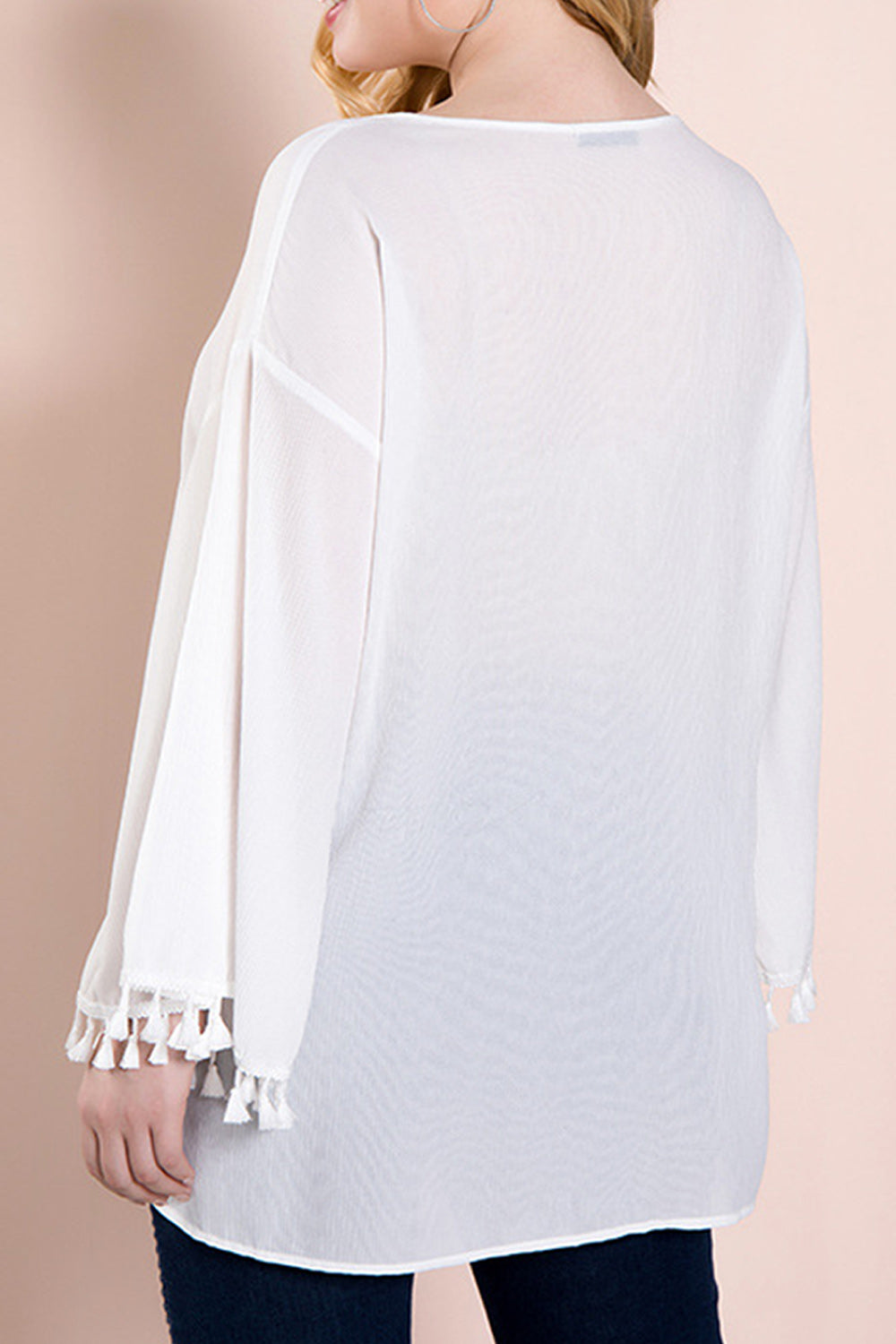 Women Notch Neck Tassel Decorated Solid Color Fashion Shirt