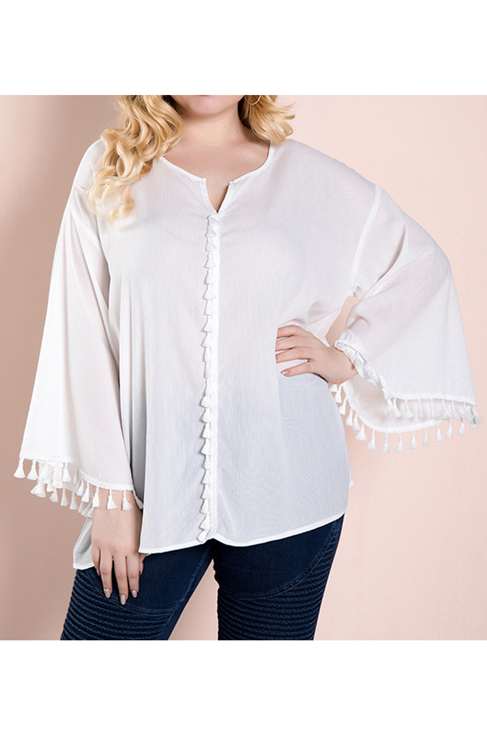 Women Notch Neck Tassel Decorated Solid Color Fashion Shirt