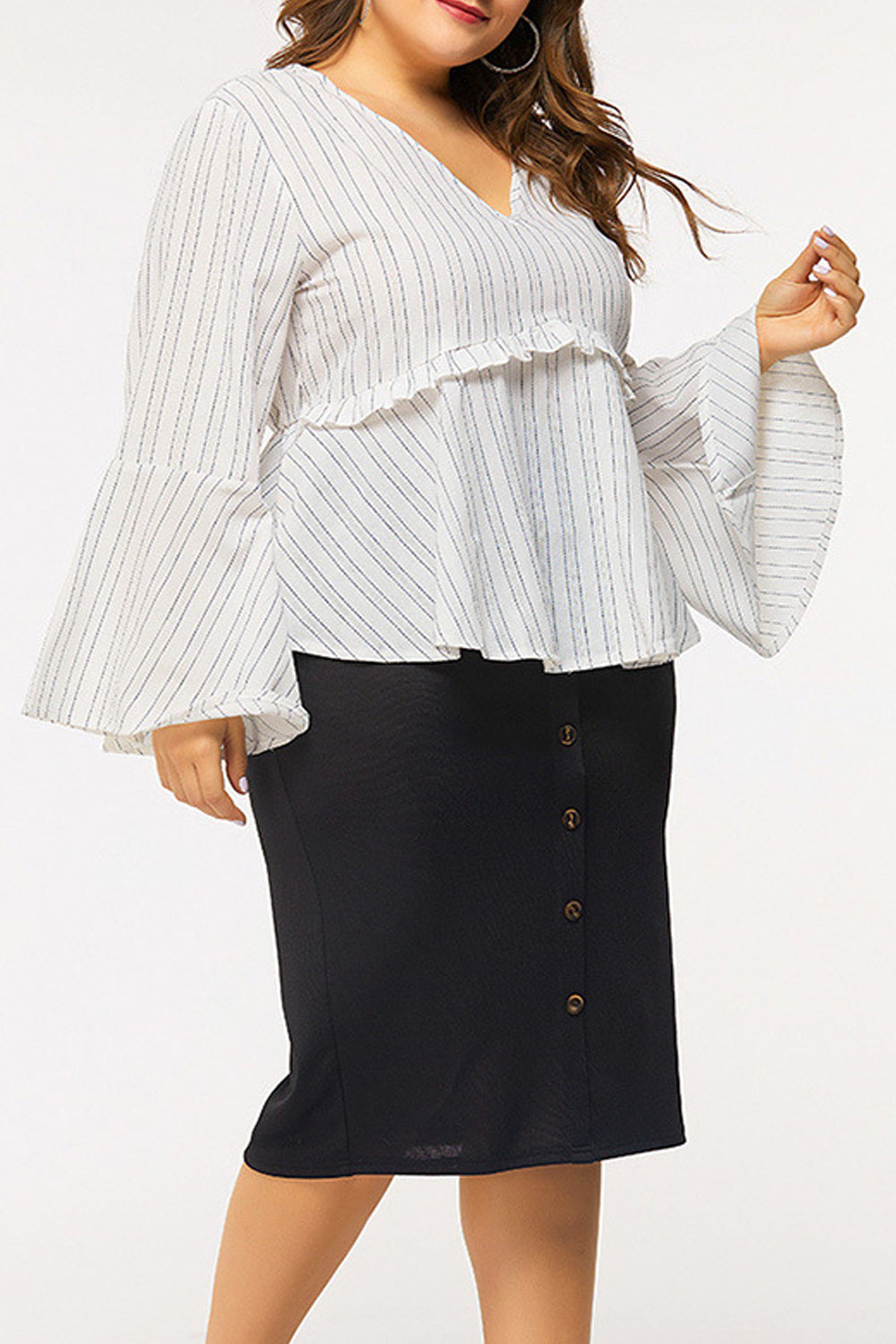 Women Plus Casual V-Neck Bell Sleeve Modern Shirt