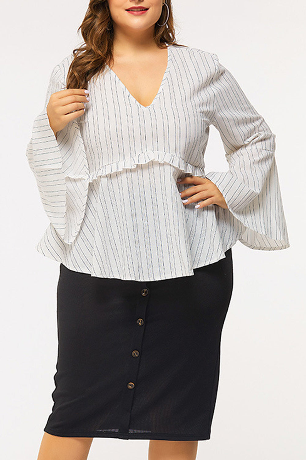Women Plus Casual V-Neck Bell Sleeve Modern Shirt