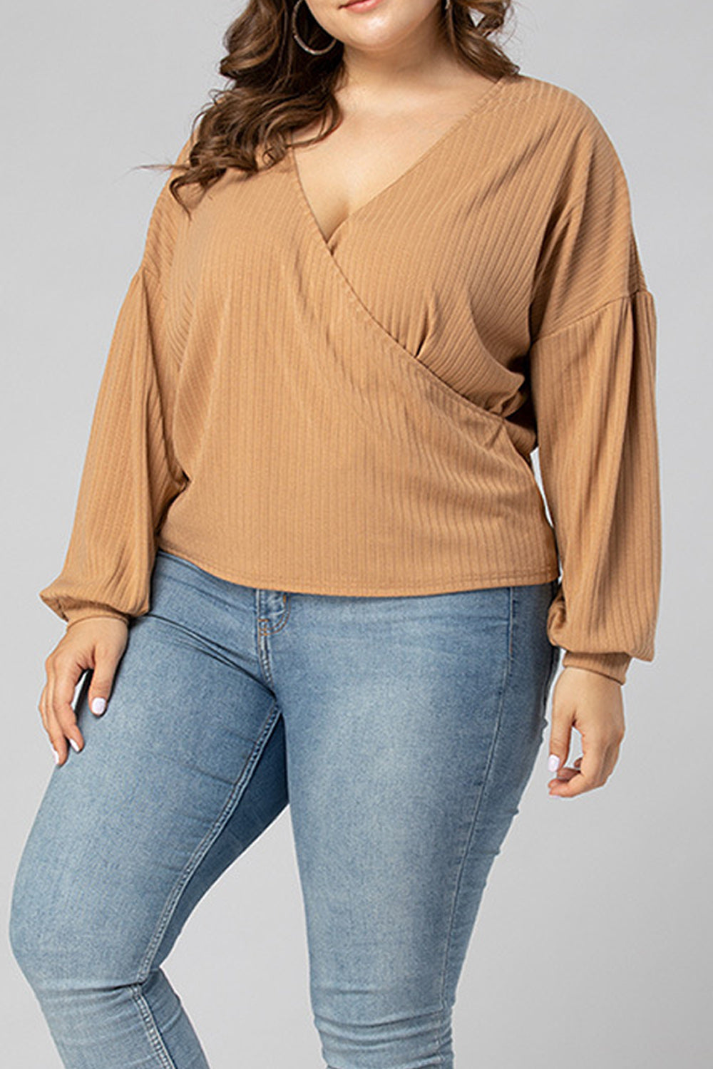 Women Plus Solid Color Long Sleeve V-Neck Alluring Shirt