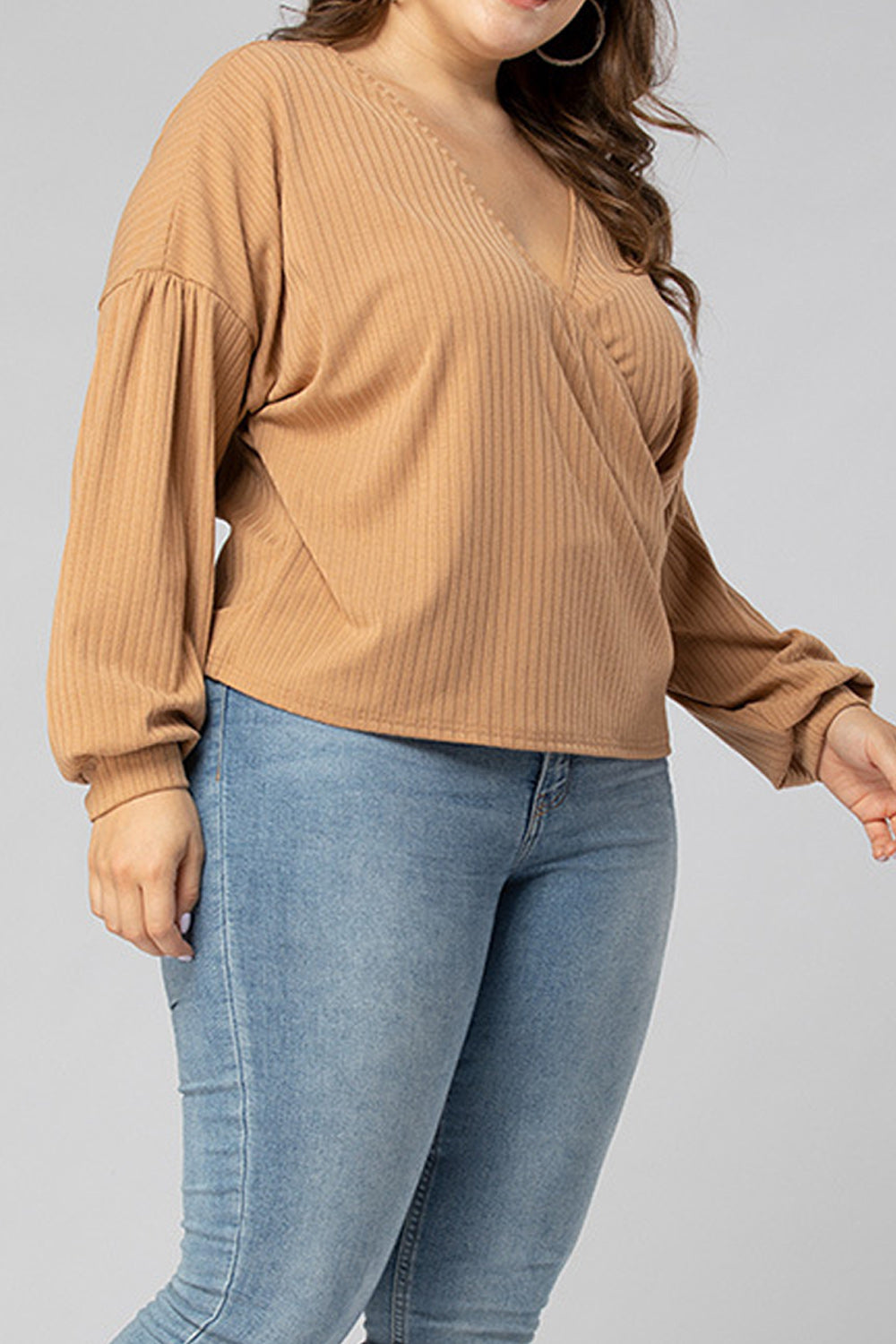 Women Plus Solid Color Long Sleeve V-Neck Alluring Shirt