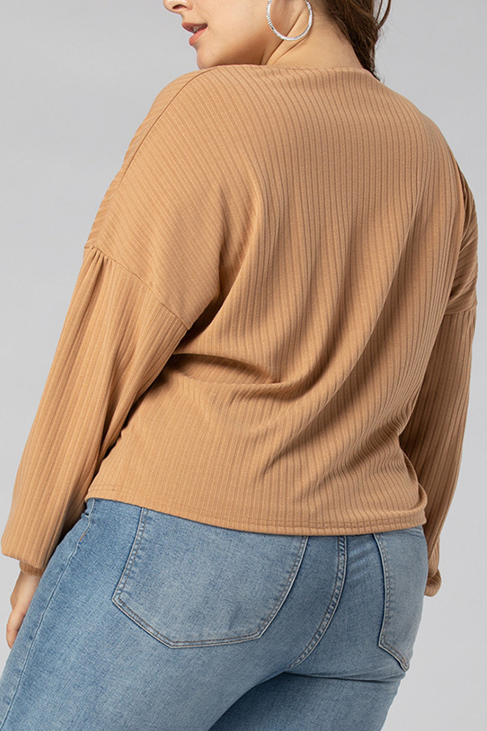 Women Plus Solid Color Long Sleeve V-Neck Alluring Shirt