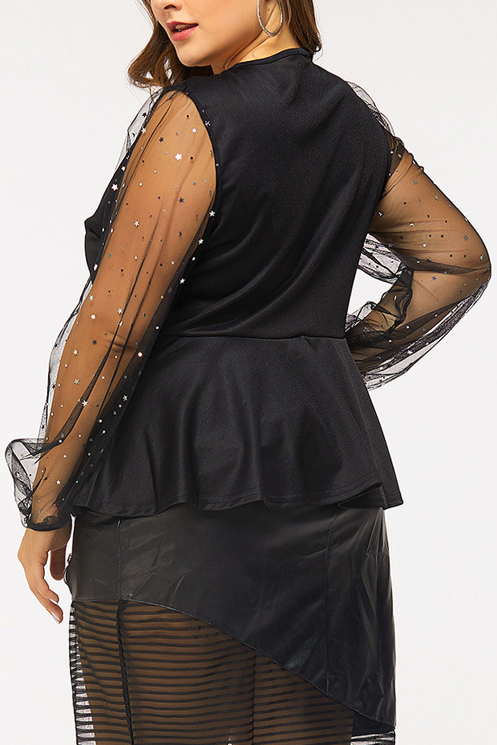 Women Plus Mesh Lace Long Sleeve Peplum Hem Blouse