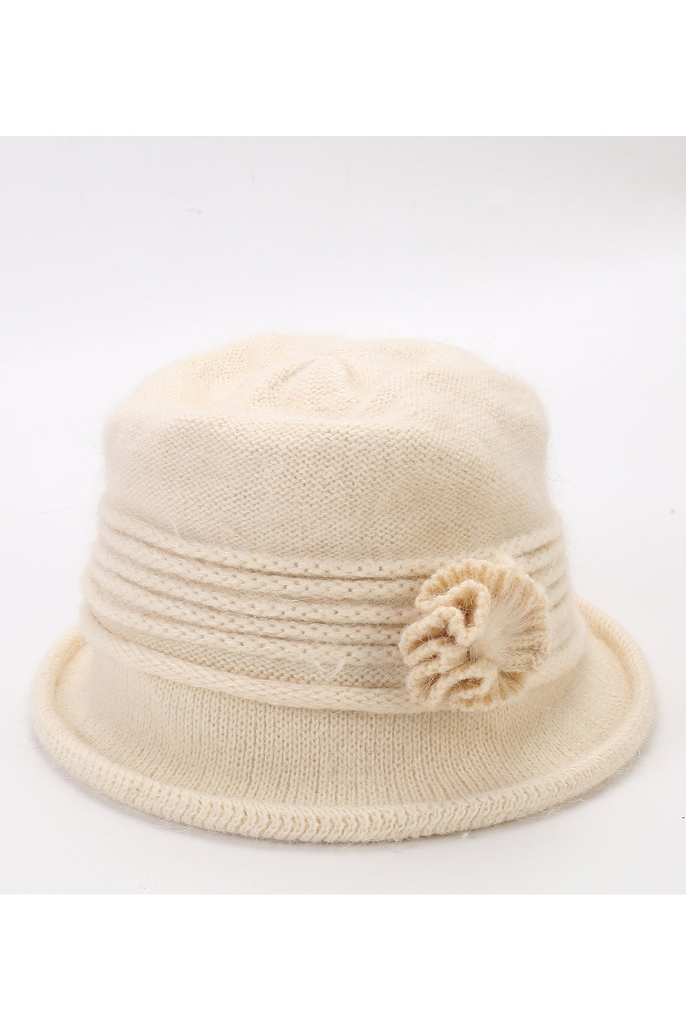 Women Lovely Solid Pattern Flower Decorated Knitted Hat