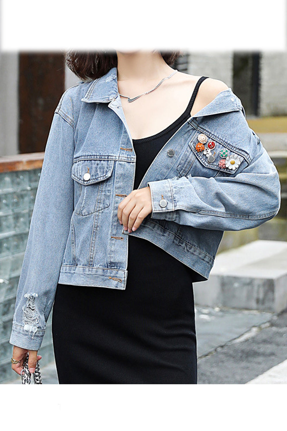 Women Long Sleeve Flower Decorated Collar Neck Button Closure Fabulous Breathable Denim Jacket